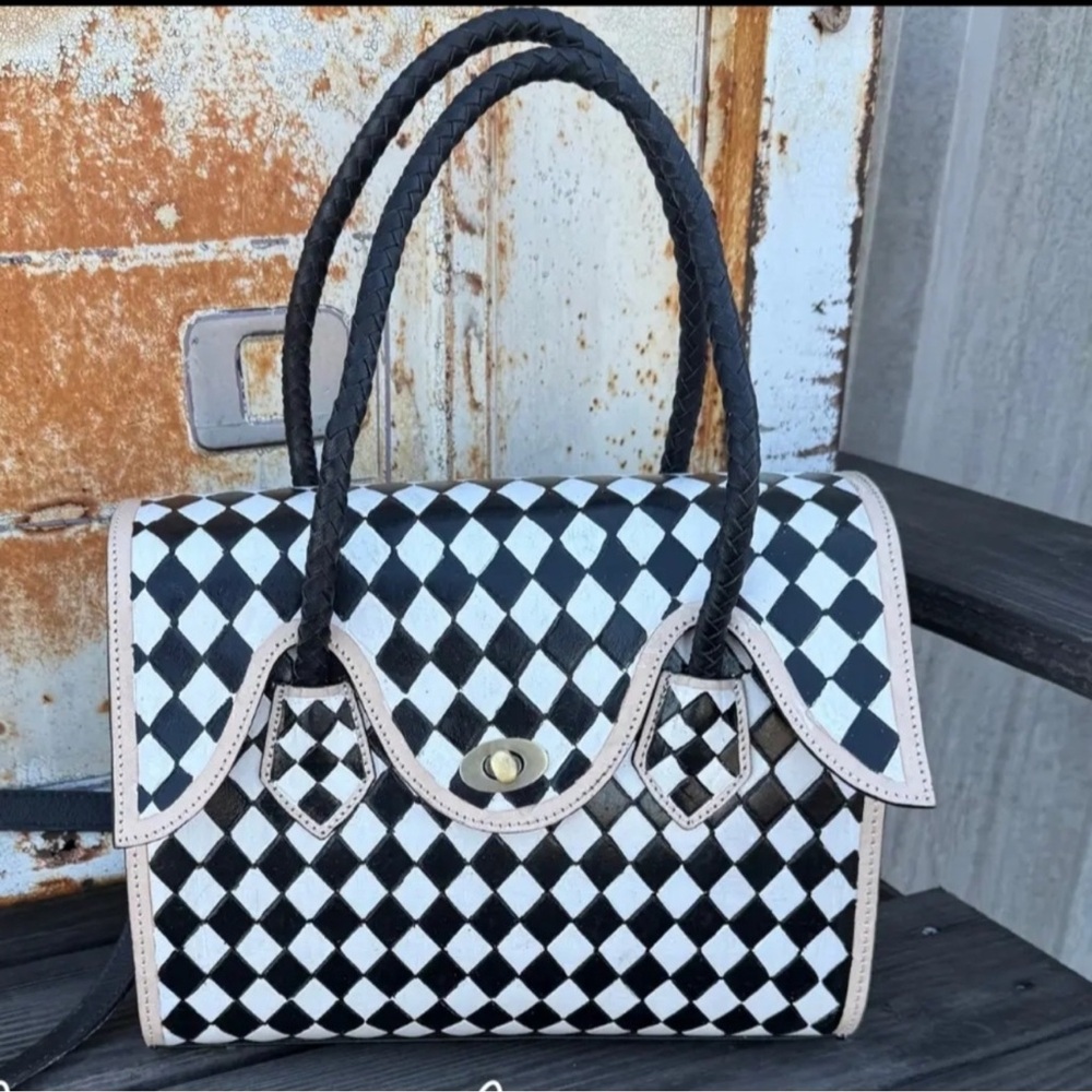 Elegant hand painted Black and White Checkered Shoulder Bag